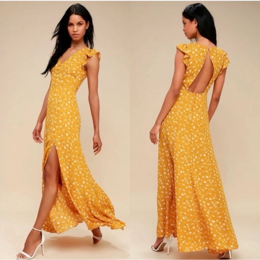 Lulu’s NWT Mustard Yellow Floral Backless Maxi Wedding Guest Dress Size Medium - Picture 2 of 13